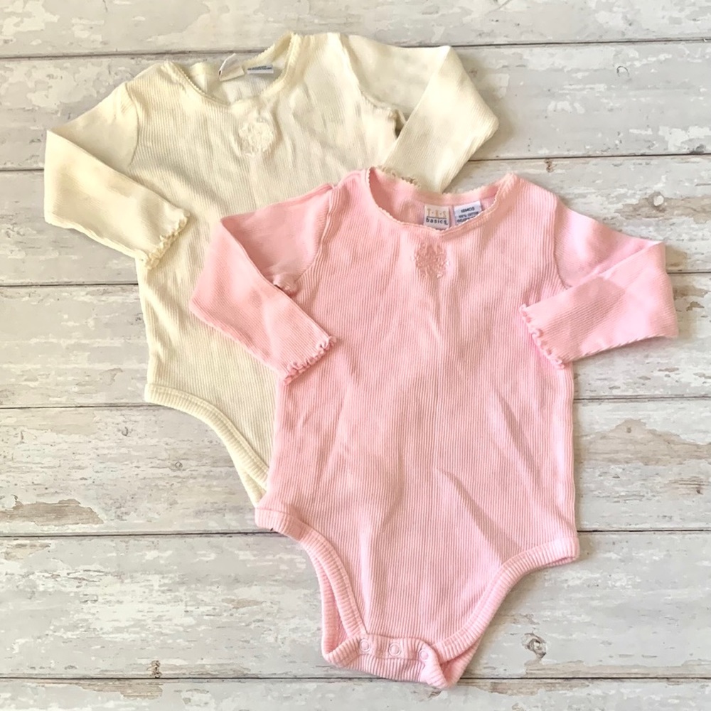Girls 18m Long Sleeve Ribbed Onesies Bodysuits Set of 2 Cream White & Pink TKS